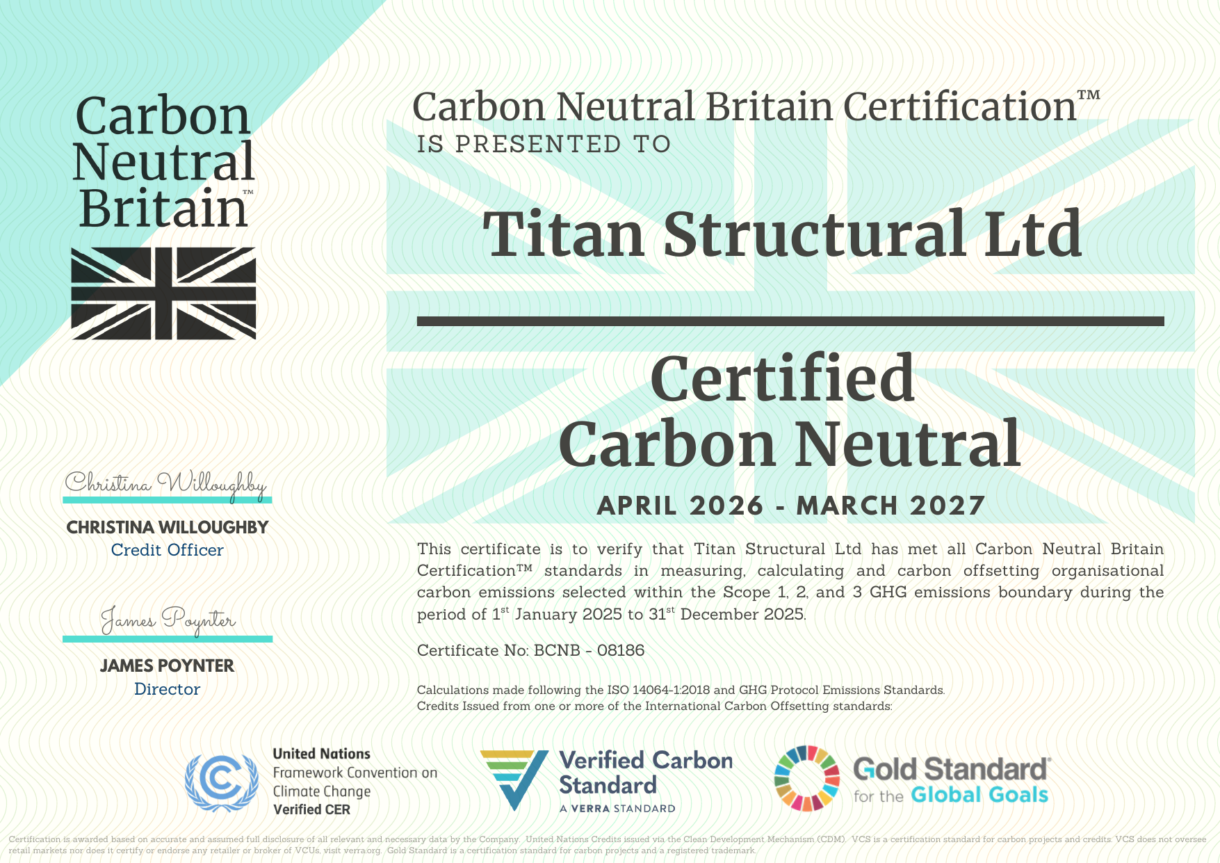 Titan Structural Carbon Neutral British Certification